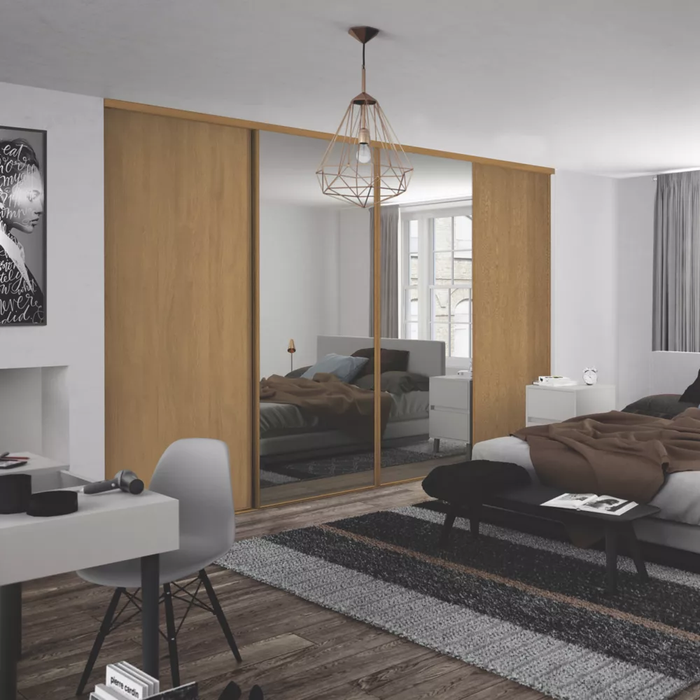 Spacepro Classic 4-Door Sliding Wardrobe Door Kit Oak Frame Oak / Mirror Panel 2370 X 2260mm 4 Spacepro Classic 4-Door Sliding Wardrobe Door Kit Oak Frame Oak / Mirror Panel 2370 X 2260mm - Image 2