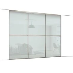 Spacepro Minimalist 3-Door Sliding Wardrobe Door Kit Silver Frame Arctic White Glass Panel 2262 X 2260mm
