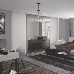 Spacepro Classic 4-Door Sliding Wardrobe Door Kit Cashmere Frame Cashmere / Mirror Panel 2370 X 2260mm -ClearAmber shop 398GK A1