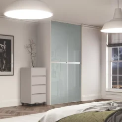 Spacepro Minimalist 2-Door Sliding Wardrobe Door Kit Silver Frame Arctic White Glass Panel 1208 X 2260mm -ClearAmber shop 503GP A1