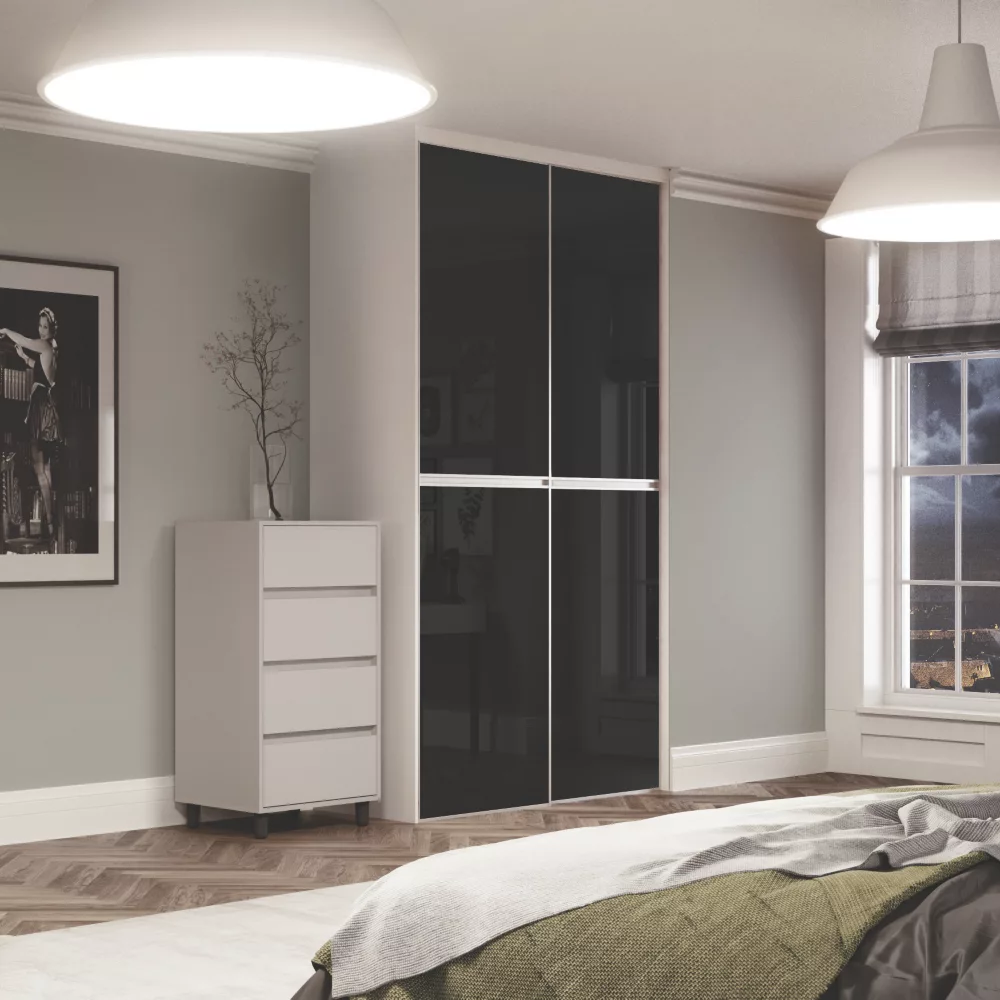 Spacepro Minimalist 2-Door Sliding Wardrobe Door Kit Silver Frame Black Glass Panel 1512 X 2260mm 4 Spacepro Minimalist 2-Door Sliding Wardrobe Door Kit Silver Frame Black Glass Panel 1512 X 2260mm - Image 2