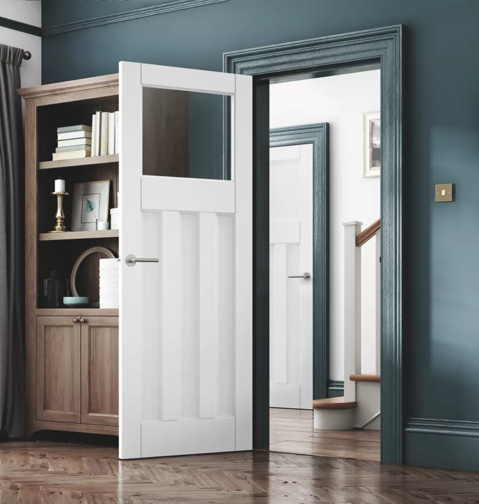 Jeld-Wen Deco 3-Clear Light Primed White Wooden 3-Panel Internal Door 1981 X 838mm 3 Jeld-Wen Deco 3-Clear Light Primed White Wooden 3-Panel Internal Door 1981 X 838mm