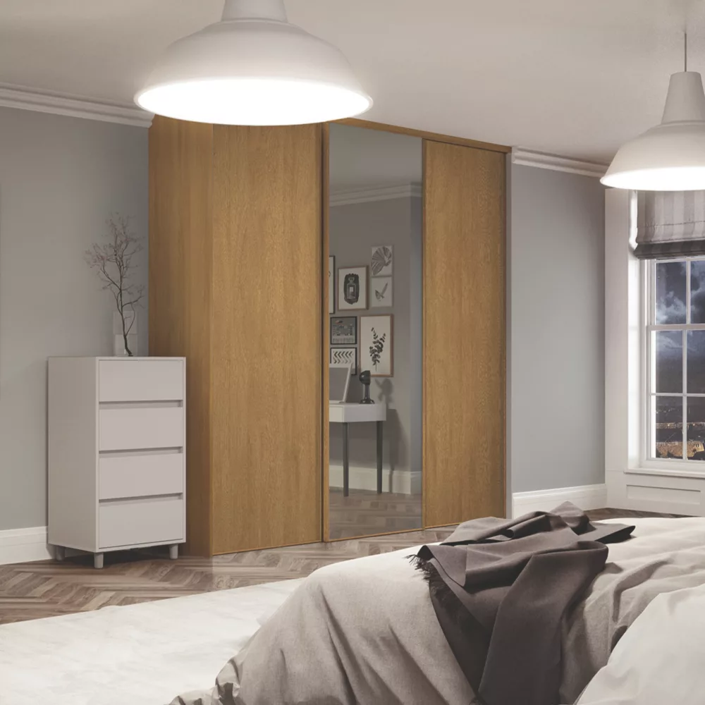 Spacepro Classic 3-Door Sliding Wardrobe Door Kit Oak Frame Oak / Mirror Panel 2672 X 2260mm 4 Spacepro Classic 3-Door Sliding Wardrobe Door Kit Oak Frame Oak / Mirror Panel 2672 X 2260mm - Image 2