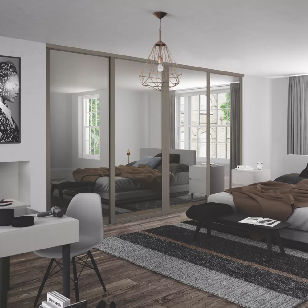 Spacepro Shaker 4-Door Sliding Wardrobe Door Kit Stone Grey Frame Mirror Panel 2898 X 2260mm 4 Spacepro Shaker 4-Door Sliding Wardrobe Door Kit Stone Grey Frame Mirror Panel 2898 X 2260mm - Image 2