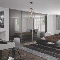 Spacepro Classic 4-Door Sliding Wardrobe Door Kit Cashmere Frame Mirror Panel 2978 X 2260mm -ClearAmber shop 760GK A1