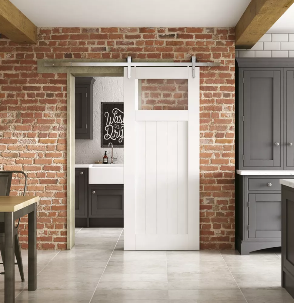 Jeld-Wen Grange 1-Clear Light Primed White Wooden Cottage Internal Sliding Barn Door 2073 X 862mm 3 Jeld-Wen Grange 1-Clear Light Primed White Wooden Cottage Internal Sliding Barn Door 2073 X 862mm